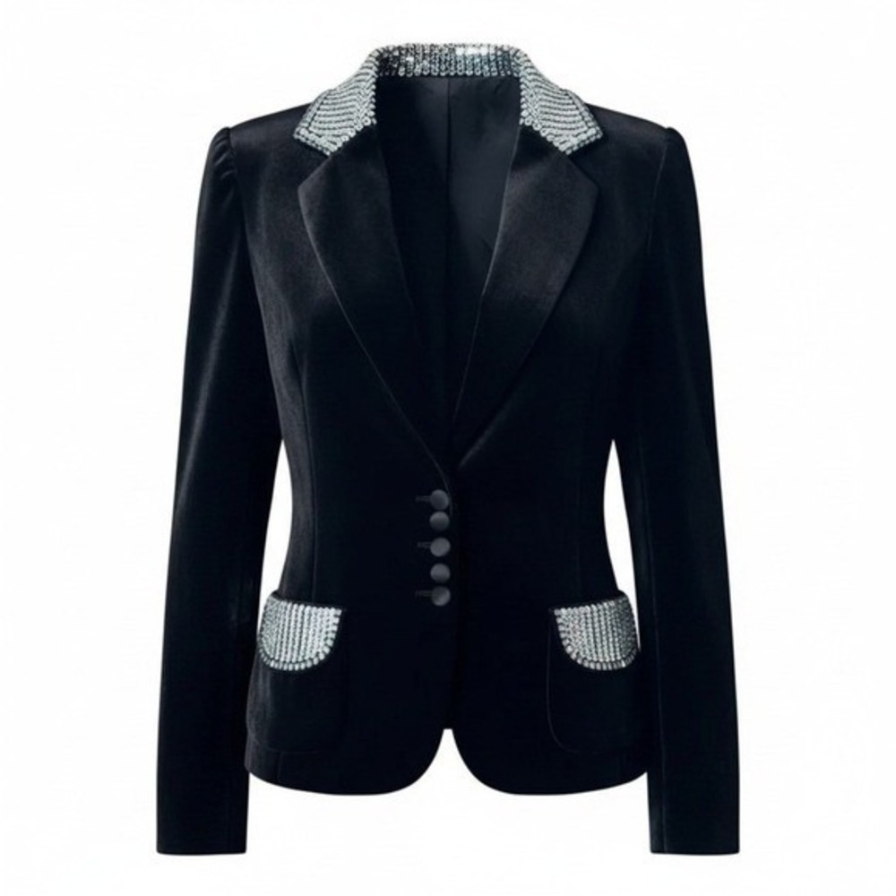 Juicy Couture Velvet Blazer M Black Sequin Embellished Silk Blend Glam Y2K